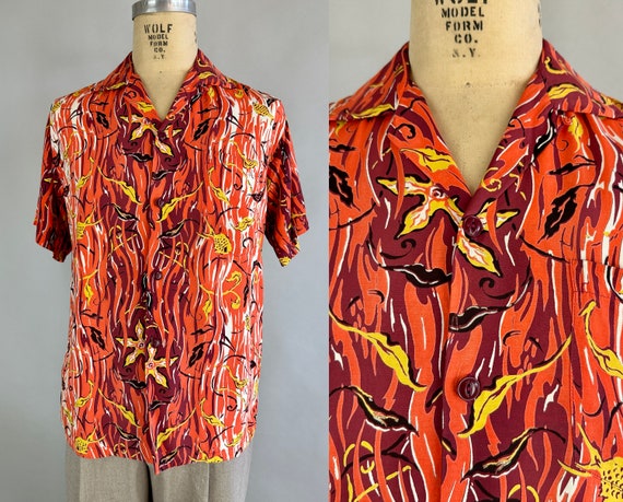 1940s Under the Sea Shirt | Vintage 40s Tropical Fish Rayon Hawaiian Tiki Button Up Top in Fiery Reds Yellows and Oranges | Medium