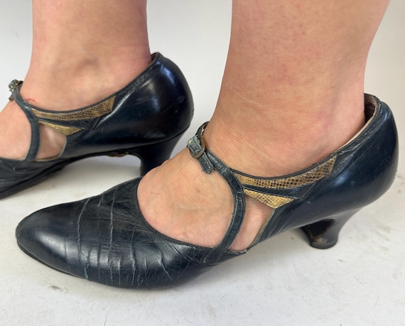 1920s Saucy Snakeskin Sally Shoes | Vintage 20s Black Leather Louis Heel Mary Janes with Reptile Accents Almond Toe and Cutouts | Size US 10