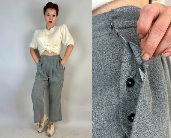 1940s High Steppin' Slacks | Vintage 40s Stone Grey Wool Pants Trousers w/Pleated Front Side Buttons and Waist Adjuster | Small Medium