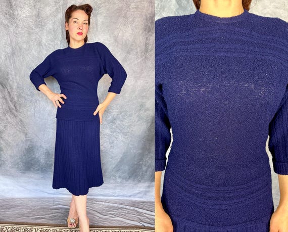 1940s Midnight Moonlight Knit Set | Vintage 40s Deep Blue Two-Piece Wool Boucle Knitwear Sweater and Skirt Ensemble | Large Extra Large XL