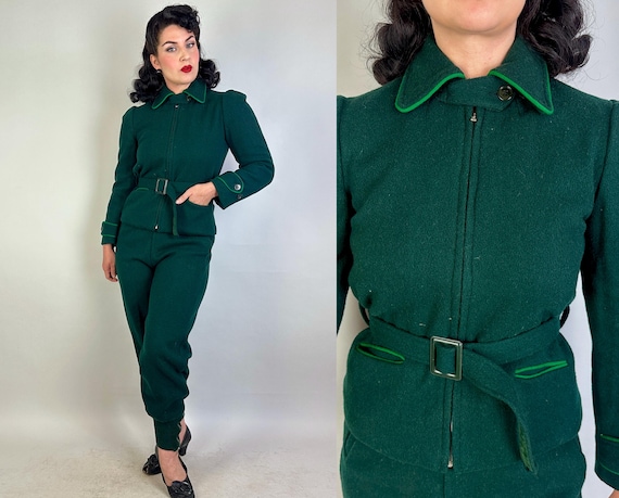 1930s Princess of the Pines Ski Set | Vintage 30s Pine Green Wool Three Piece Winter Sportswear Jacket Belt and Side Button Trousers | Small