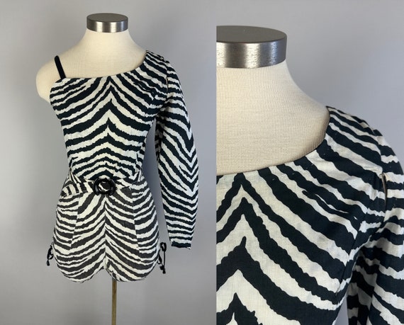 1950s Sexy Safari Romper | Vintage 50s Black and White Zebra Print Cotton Poolside Pinup Playsuit with Asymmetric Sleeve and Belt | Small
