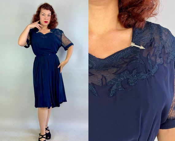 1940s Betty's Bluesy Date Dress | Vintage 40s Navy Blue Rayon Chiffon and Lace Flames Frock with Rhinestone Arrow Brooches | Extra Large XL