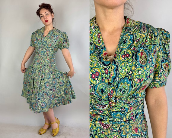 1930s Stunning Stained Glass Dress | Vintage 30s Blue Green Yellow Pink Artsy Rayon Frock w/Puff Sleeves & Belt Back | Large/Extra Large XL