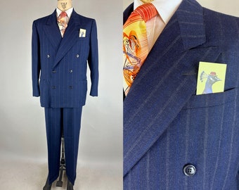 1940s Simon's Swell Peak Lapel Suit | Vintage 40s Midnight Blue Chalk Stripe Double-Breasted Jacket & Trousers Set | Size 44 Extra Large XL