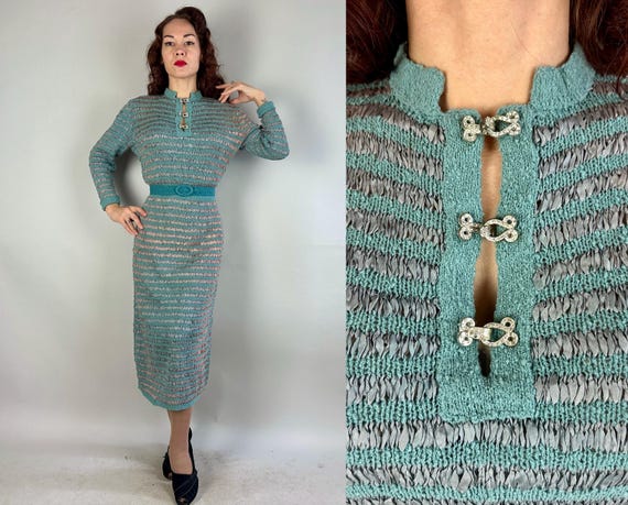 1940s Wrapped in Ribbon Knit Dress | Vintage 40s Robin's Egg Blue Wool & Lilac Stripe Frock w/Rhinestones | Medium Large Extra Large XL
