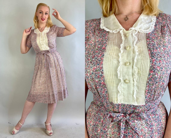 1940s Pretty Pink Picnic Frock |  Vintage 40s Pink Blue Green Floral Day Dress with White Lace Collar & Button Front | Large/Extra Large XL