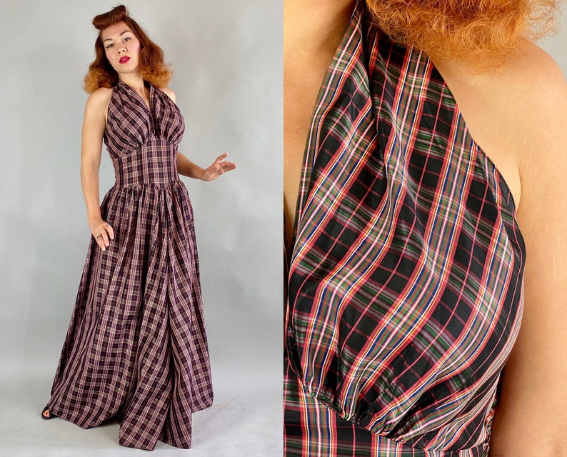 1930s Princess in Plaid Gown | Vintage 30s Black Red White Green Yellow and Blue Tartan Rayon Taffeta Halter Neck Long Dress | Medium Large 