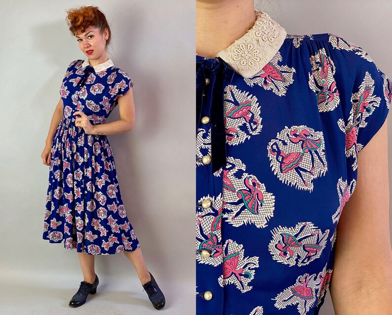 1940s Dancers Delight Dress Small Vintage 40s Midnight Blue With Pink and White Novelty Print Dancing Rayon Crepe Frock wLace Collar