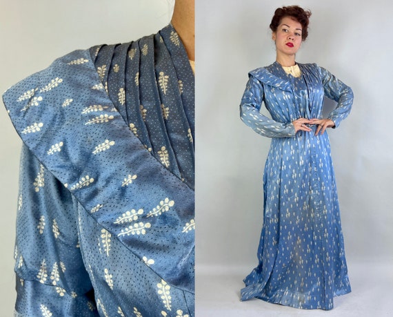 1800s Beauty in Blue Dress Ensemble | Antique Victorian Two Piece Sky Silk w/White Bubble Vines Print Lightly Boned Bodice & Skirt | Medium