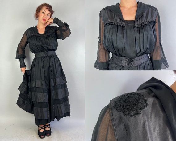 1910s Dark Delights Dress | Vintage Teens Antique Edwardian Layered Silk and Chiffon Tea Dress w/Balloon Sleeves and Tiers | Extra Small XS