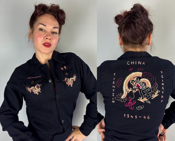 1940s Dragon Spirit of 45 Souvenir Shirt-Jac | Vintage 40s Black Wool Crop Top Jacket w/Dated Navy Embroidery in Pink Orange Yellow | Small