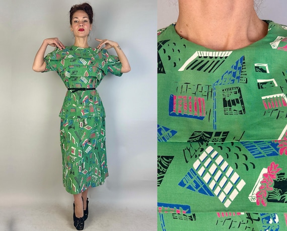 1940s Window Wonder Dress | Vintage 40s Green Pink Blue White and Black Windowpane Novelty Print Wide Pleats Frock | Extra Large XL