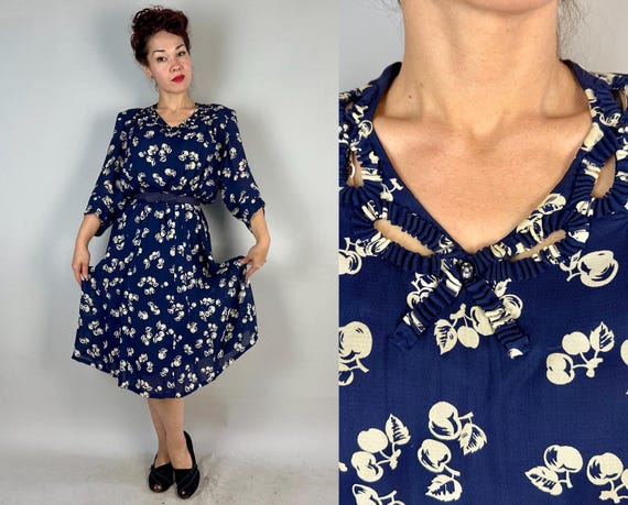 1940s Ample Apples Dress | Vintage 40s Blue with White Fruit Print Rayon Chiffon Frock with Pleated Ruffles and Cutouts | Extra Large XL