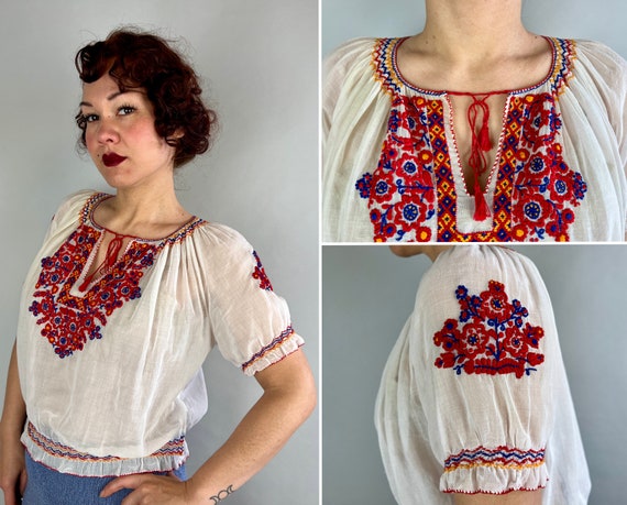 1930s Festive Folk Blouse | Vintage 30s White Cotton Voile Hungarian Embroidered Red Blue & Yellow Peasant Shirt Top | Large Extra Large XL