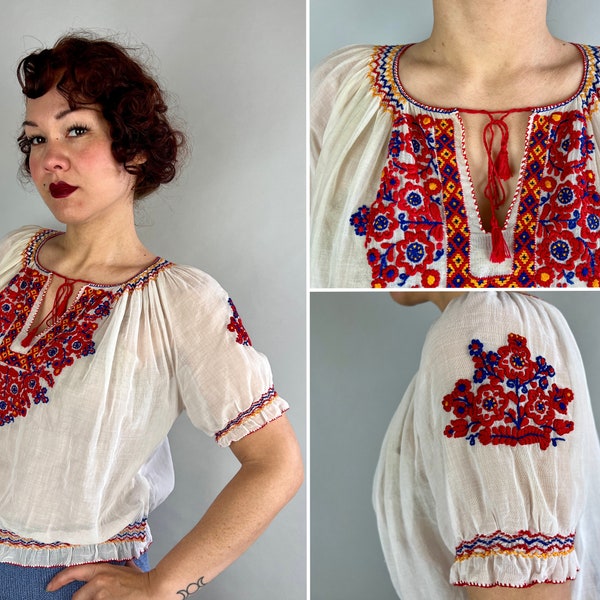 1930s Festive Folk Blouse | Vintage 30s White Cotton Voile Hungarian Embroidered Red Blue & Yellow Peasant Shirt Top | Large Extra Large XL