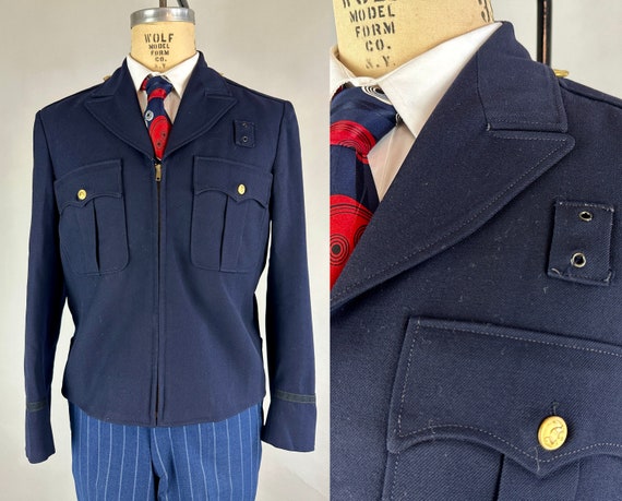 1940s Man in Uniform Jacket | Vintage 40s Navy Blue Whipcord Wool Workwear Coat with Gold Buttons and Box-Pleated Pockets | Size 38 Medium