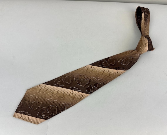 1920s Archeological Find Necktie | Vintage Antique 20s Brown and Beige Earth Tones Striped Silk Self Tie Cravat with White Dotted Outlines