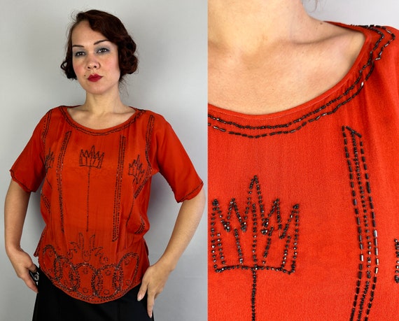 1920s Crowned Glory Blouse | Vintage Antique 20s Burnt Orange Semi-Sheer Silk Shirt with Black Art Nouveau Beading | Large Extra Large XL