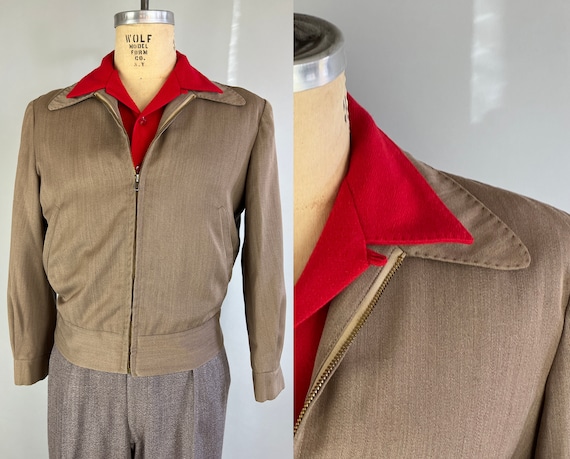 1950s Rockabilly “Ricky” Jacket | Vintage 50s Heathered Taupe Wool Gabardine Talon Zip Front Casual Coat with Top Stitching | Size 40 Medium