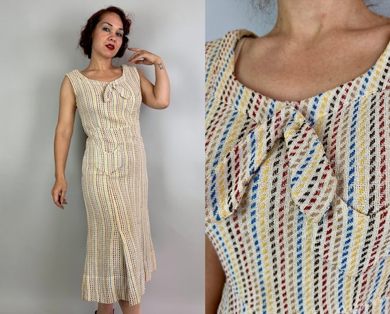 1930s Summer Splendor Dress | Vintage 30s White Blue Red Yellow Brown Striped Loose Weave Cotton Knit Frock with Deco Pockets | Medium Large