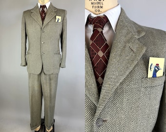 1940s Natty Nottingham Three Piece Suit | Vintage 40s Green and White Herringbone Tweed Jacket 2 Pairs of Trousers Pants | Size 38/40 Medium