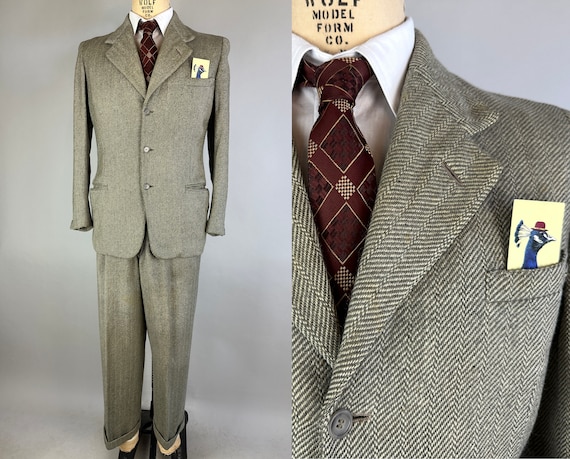 1940s Natty Nottingham Three Piece Suit | Vintage 40s Green and White Herringbone Tweed Jacket 2 Pairs of Trousers Pants | Size 38/40 Medium