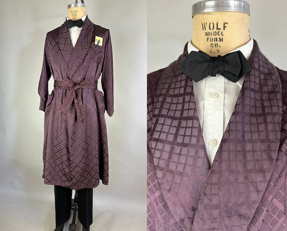 1940s Chains of Love Robe | Vintage 40s Purple Tone on Tone Chain Link Pattern Rayon Smoking Lounge Jacket w/ Sash Belt | Small/Medium