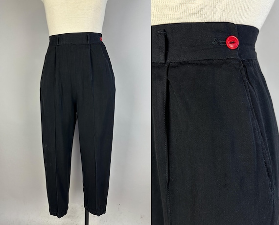 1940s Katharine Hepburn Hep Trousers | Vintage 40s Side Zip Black Wool Gabardine Pants with Pleated Front and Pockets | Extra Small XS