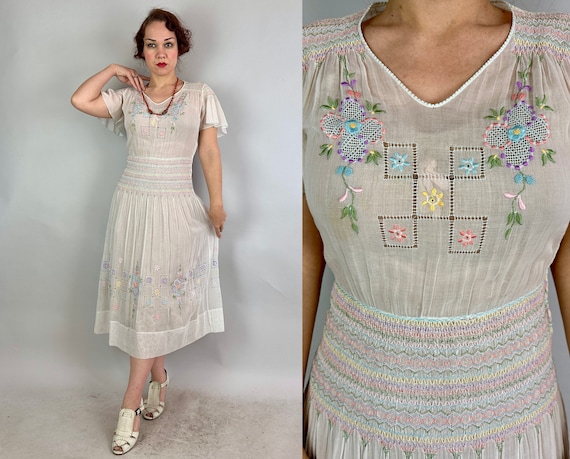 1930s Hungarian Heroine Frock | Vintage 30s White Cotton Voile Flutter Sleeve Peasant Dress w/Pastel Smocking & Embroidery | Small Medium