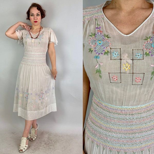 1930s Hungarian Heroine Frock | Vintage 30s White Cotton Voile Flutter Sleeve Peasant Dress w/Pastel Smocking & Embroidery | Small Medium