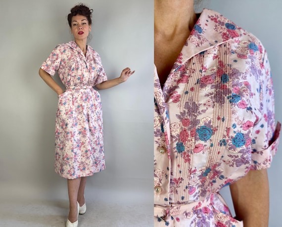 1950s Romantic Rendezvous Dress | Vintage 50s Pink Blue Purple Flower Bouquet Combed Cotton Shirtwaist Frock w/Rhinestones | Extra Large XL