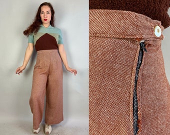 1940s Tootsie in Tweed Trousers | Vintage 40s Burnt Orange and White Wool Wide Leg Oxford Bags High Waist Side Zip Pants | Extra Large XL