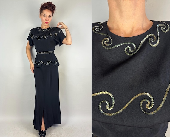 1940s Making Waves Gown | Vintage 40s Black Rayon Crepe Evening Dress with Seafoam Green Sequins Padded Shoulders and Peplum | Large