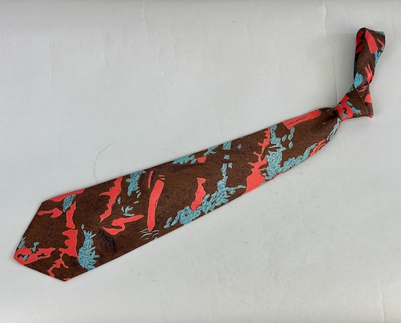 1940s Find the Fox Necktie | Vintage 40s Red Brown and Blue Silk Self Tie Cravat with Line Drawing Forest Scene by "Emogene San Francisco"