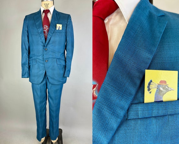 1950s Jerry's Jumpin' Suit | Vintage 50s Azure Blue with Subtle Navy Plaid Summer Weight Wool 2-Piece Jacket & Trousers |  Size 38/40 Medium