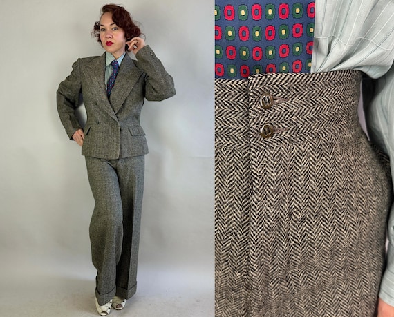 1930s Collegiate Sunset Suit | Vintage 30s Herringbone Tweed Wool Two-Piece Peak Lapel Jacket and Oxford Bags Trousers Set | Medium
