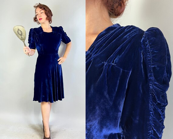 1940s Pretty Polly's Puff Sleeve Frock | Vintage 40s Sapphire Blue Silk Velvet Cocktail Dress with Ruching and Puffed Shoulders | Medium