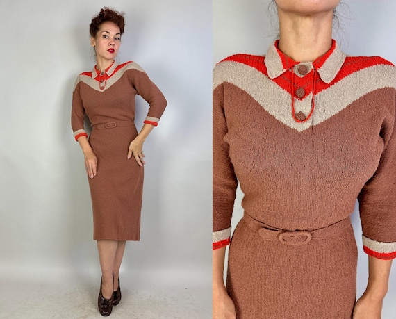 1940s Curves in Color Block Knit Dress | Vintage 40s Brown Orange and Ecru Boucle Wool Chevron Frock w/Belt | Medium Large Extra Large XL