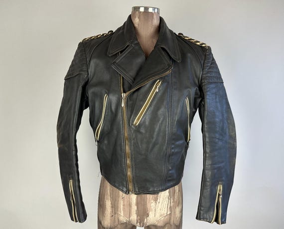 1950s The Wild One Motorcycle Jacket | Vintage 50s Black Leather Jacket w/White Two Tone Epaulets Quilting and Lots of Zips | Small