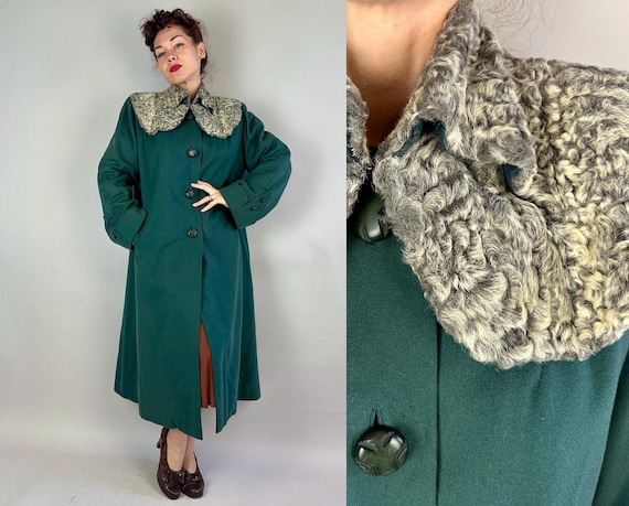 1940s Lucky in Lamb Coat | Vintage 40s Teal Green Wool Overcoat with Silver Grey Curly Sheep Fur Collar and Giant Bell Cuffs | Medium Large