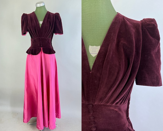 1930s Gorgeous Gala Dress | Vintage 30s Wine Red Velveteen & Pink Rayon Taffeta Gown w/Puff Sleeves by "New York Creations" | Extra Small XS