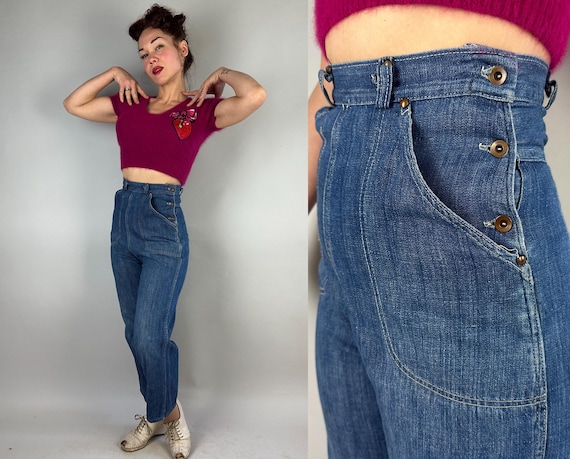 1940s Dame On Duty Denim Jeans | Vintage 40s High Waist Side Donut Button Indigo Blue Cotton Dungarees with Copper Rivets | Small