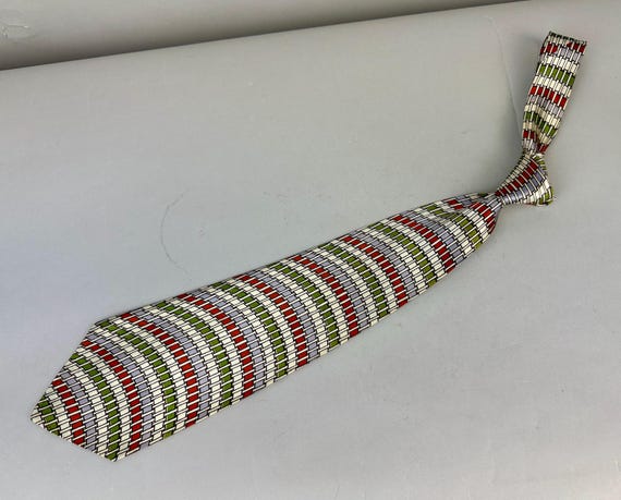 1940s Best in the Baskets Necktie | Vintage 40s Spiced Orange Icy Lavender White and Moss Green Basket Weave Print Rayon Self Tie Cravat