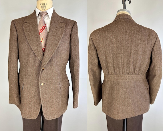 1930s Brilliant Belted Back Jacket | Vintage 30s Cedar Brown Tweed Red Pinstripe White Fleck Wool Single Breasted Blazer | Size 42 Large