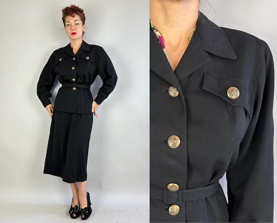 1940s Prim and Poised Suit | Vintage 40s Black Wool Three Piece Jacket Blazer with Gold Buttons Belt and Pencil Skirt Ensemble Set | Medium