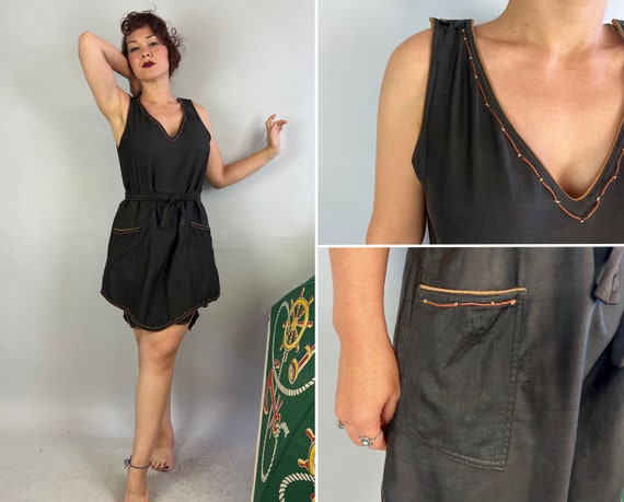 1910s Silver Screen Swimsuit | Vintage Antique Edwardian Teens Black Combed Cotton w/ Brown Trim, Pockets & Belt Bathing Suit | Medium/Large