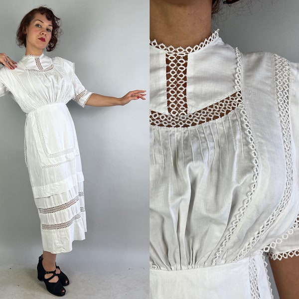 1910s Lovely Lady Lawn Dress | Vintage Antique Edwardian Teens White Linen with Picot Lace Trim and Insets and Apron Skirt | Medium