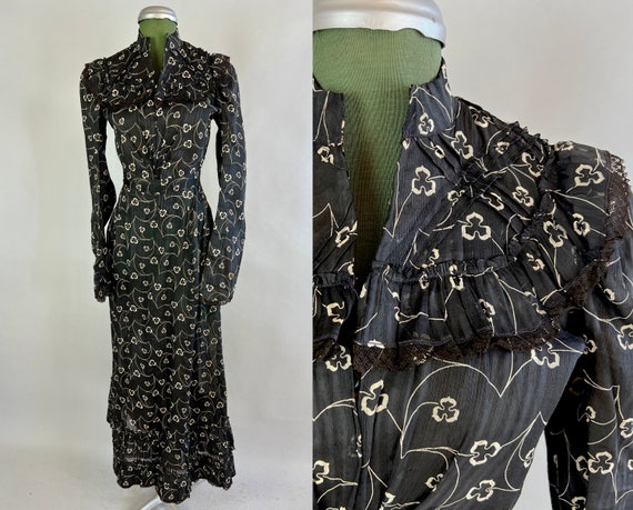 1800s Prairie Goth Dress Ensemble | Vintage Antique Victorian Stiffened Cotton Voile Black and White Floral Print Bodice & Skirt | Small/XS