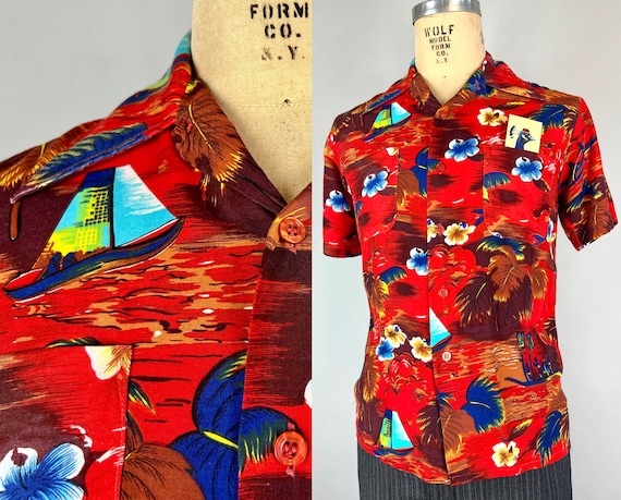 1950s Sunset Over Sands Shirt | Vintage 50s Red Yellow Brown and Blue Rayon Hawaiian Tiki Button Up Shirt with Tropical Florals | Small